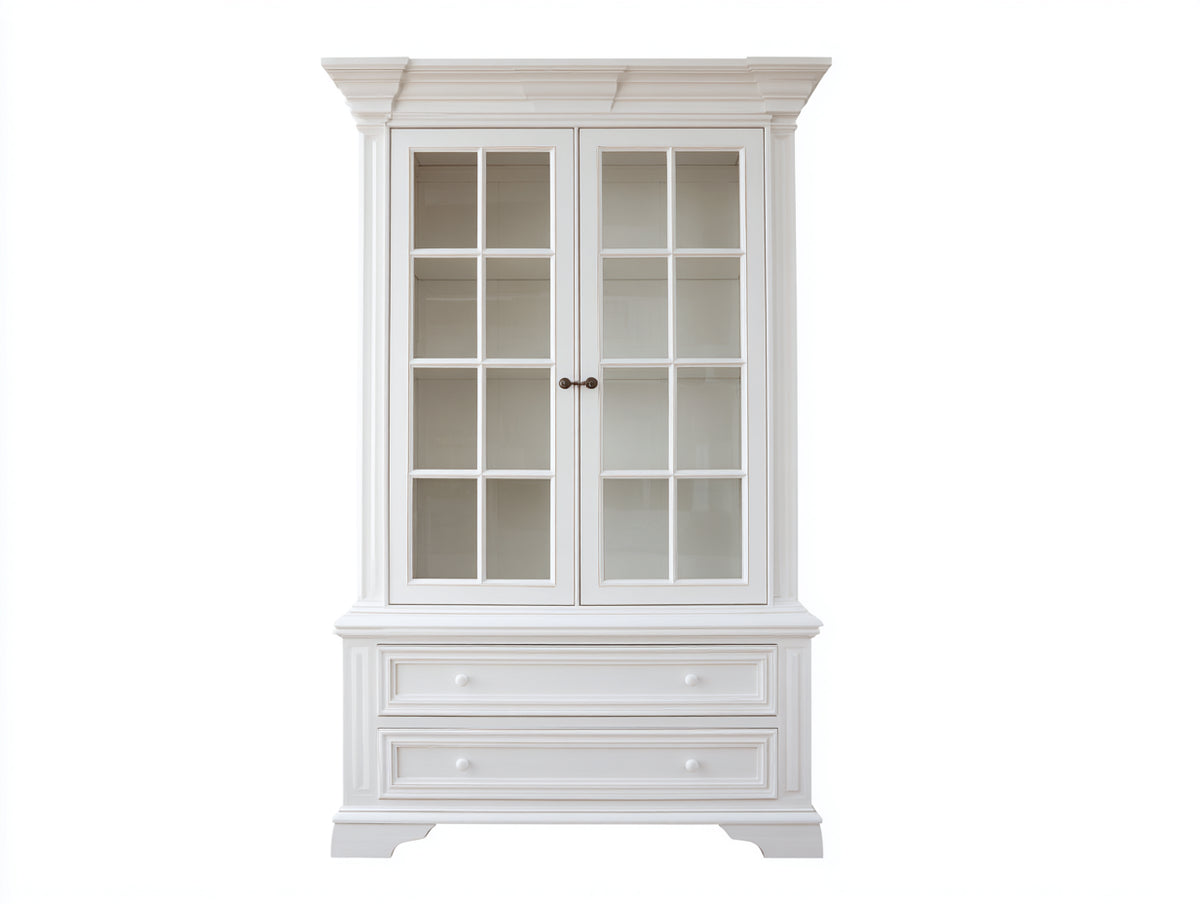 Vitrina de madera 110x45x200 cm - blanco - dos puertas de cristal y dos cajones estilo clásico