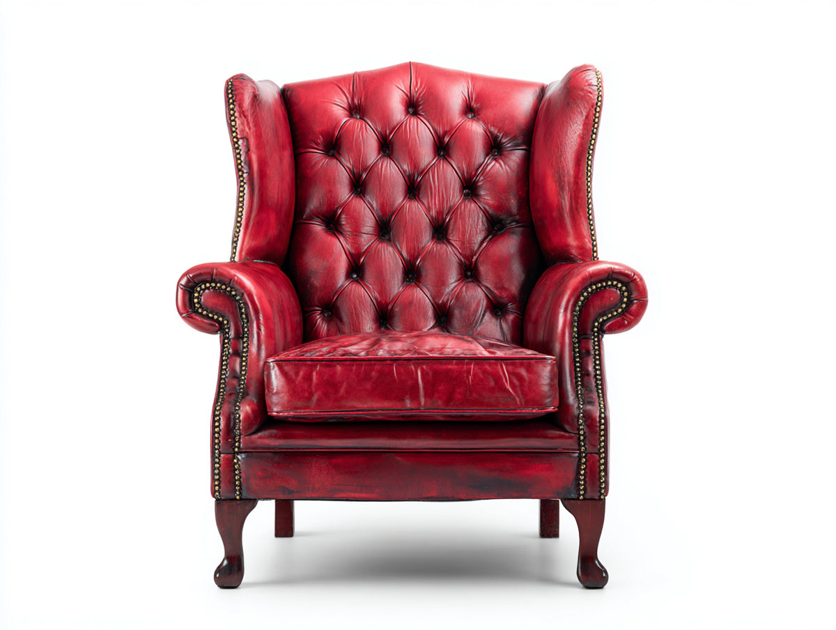 Sillón orejero de cuero 90x90x112 cm - rojo envejecido - capitoné profundo y brazos enrollados estilo clásico