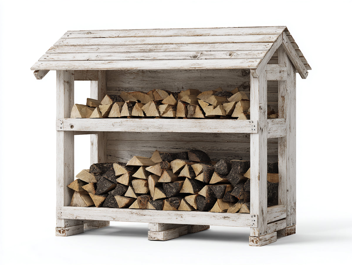 Leñero de jardín de madera 150x75x175 cm - blanco envejecido - estructura de 2 niveles con tejado a dos aguas