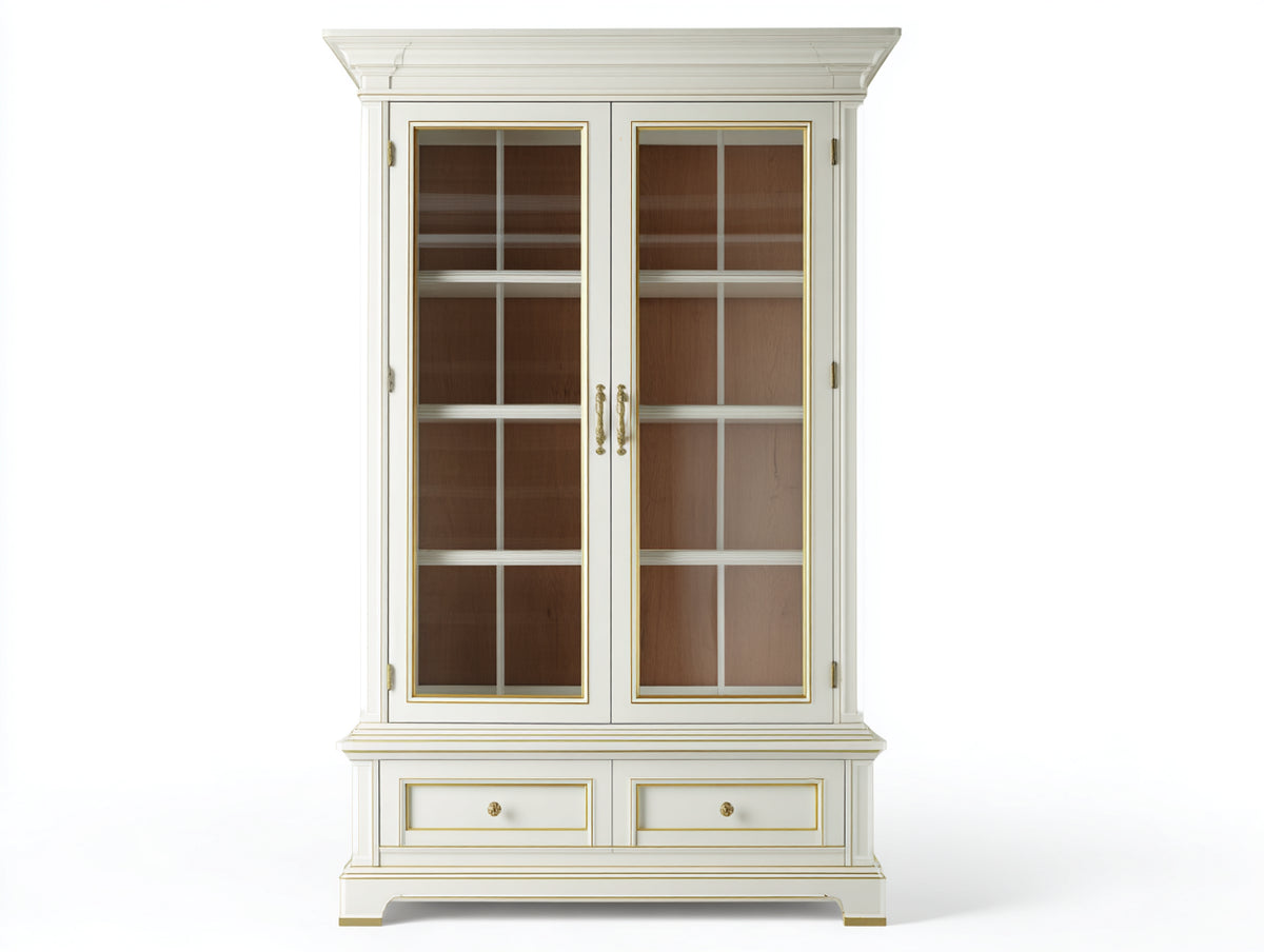 Vitrina de madera y vidrio 120x45x210 cm - blanco crema-dorado - 2 puertas y 2 cajones estilo clásico