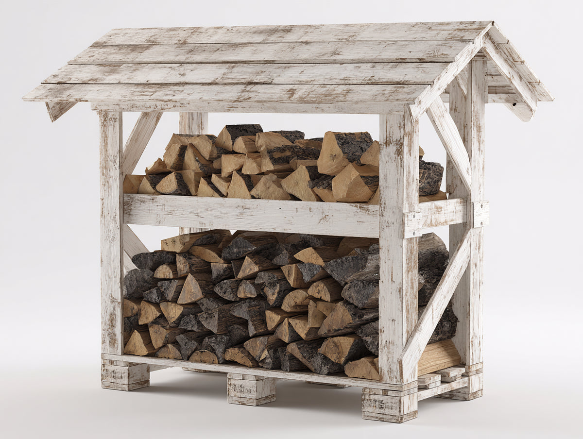 Leñero de jardín de madera 160x75x175 cm - Blanco envejecido - 2 niveles y techo a dos aguas