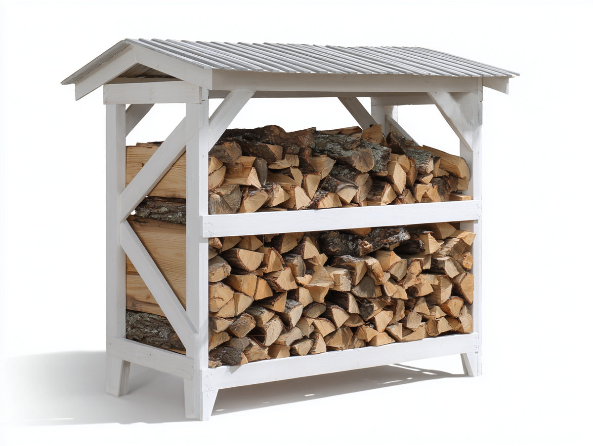 Leñero de jardín de madera 180x85x175 cm - blanco - estructura abierta con techo a dos aguas