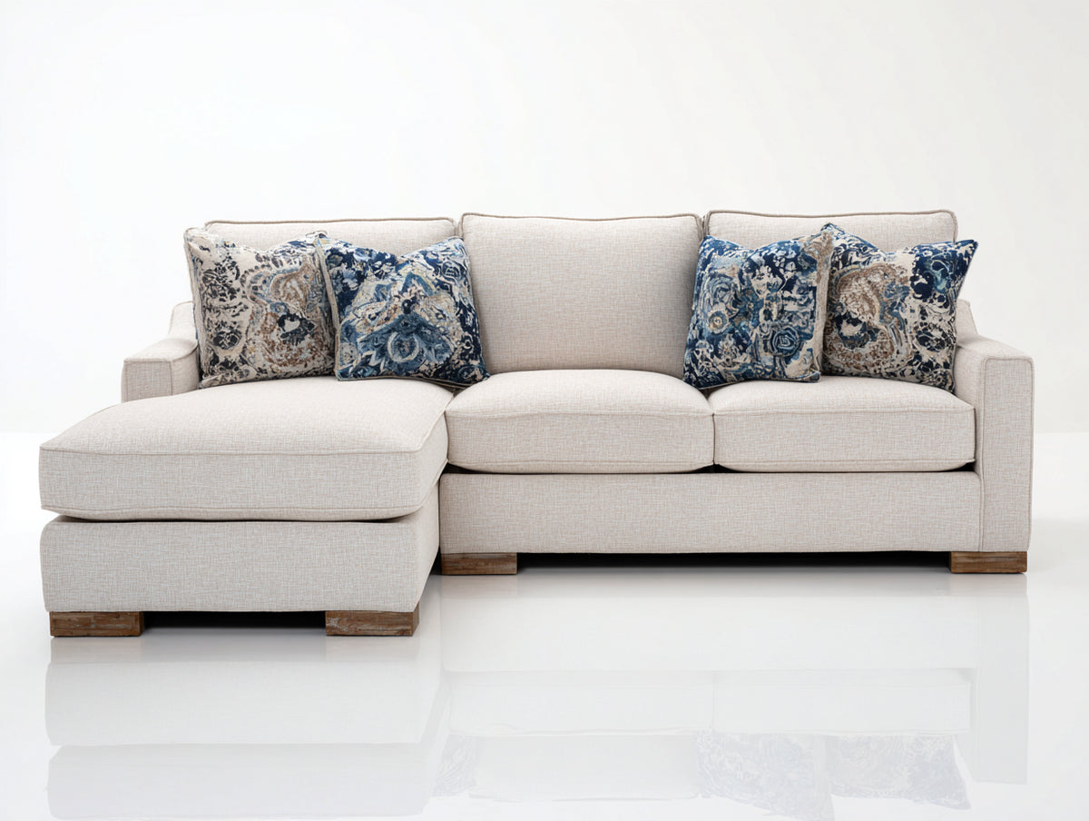 Sofá de esquina de tela 290x220x85 cm - beige y azul - estilo moderno con chaise longue