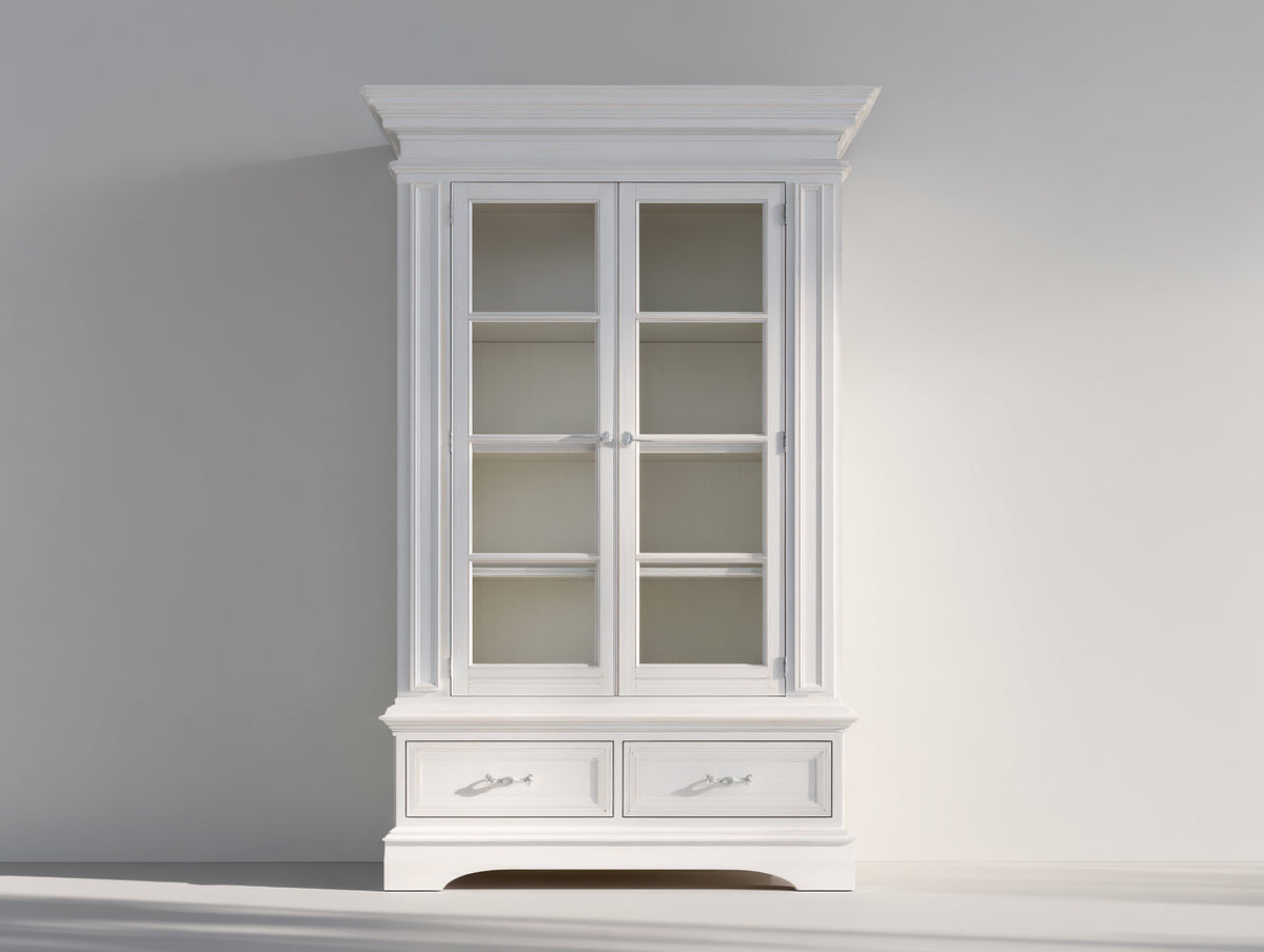 Vitrina de madera y vidrio 110x45x200 cm - Blanco - 2 puertas 2 cajones y diseño clásico