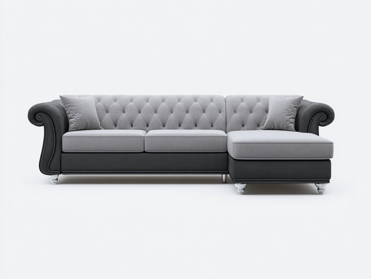 Sofás de esquina tapizados 270x180x86 cm - Gris claro-Negro-Plateado - Capitonné y chaise longue de diseño clásico