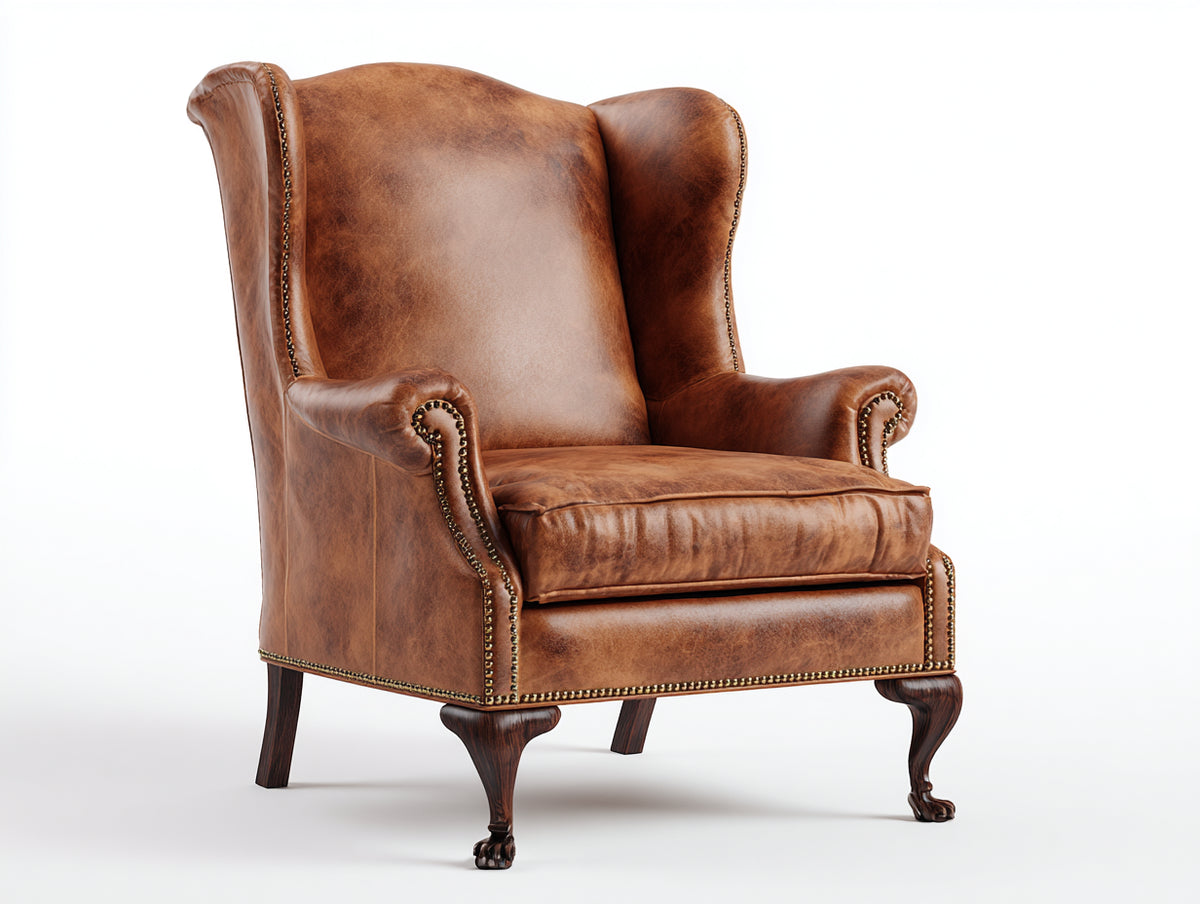 Sillón orejero tapizado 95x92x112 cm - marrón coñac - diseño clásico con respaldo alto y brazos enrollados
