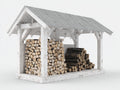 Leñero de jardín de madera 220x100x190 cm - blanco envejecido - estructura abierta con techo a dos aguas