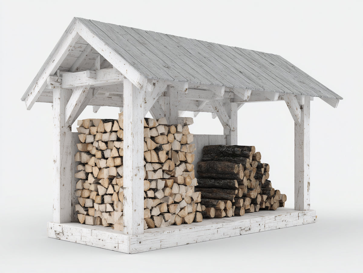 Leñero de jardín de madera 220x100x190 cm - blanco envejecido - estructura abierta con techo a dos aguas
