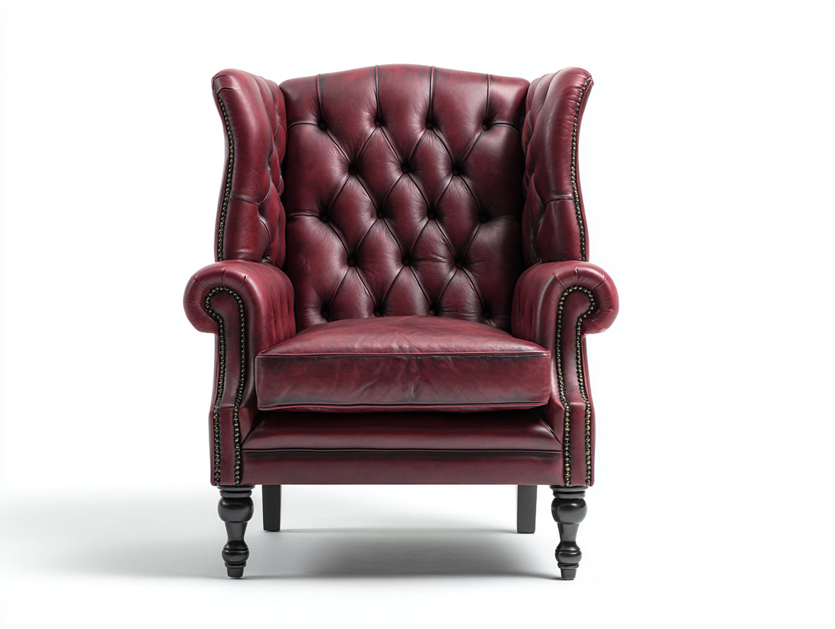Sillón orejero de cuero 92x94x118 cm - Rojo burdeos - Capitonné y diseño clásico
