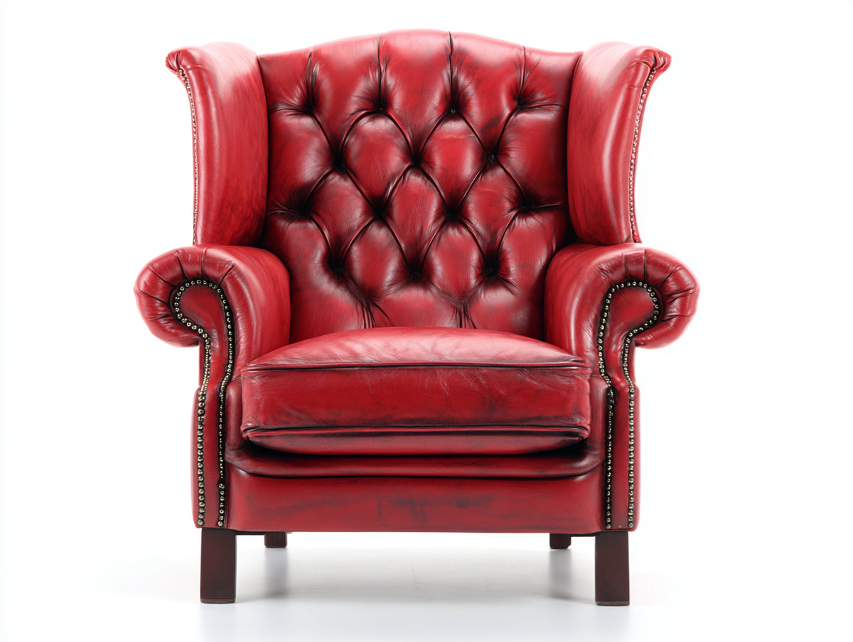 Sillón orejero de cuero 90x92x110 cm - rojo envejecido-marrón oscuro - respaldo capitoné y brazos enrollados