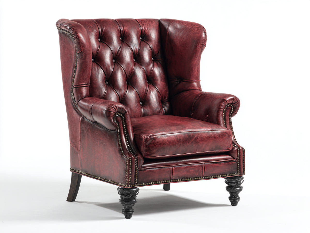 Sillón orejero tapizado 95x92x112 cm - rojo oscuro-negro - capitoné clásico con brazos enrollados