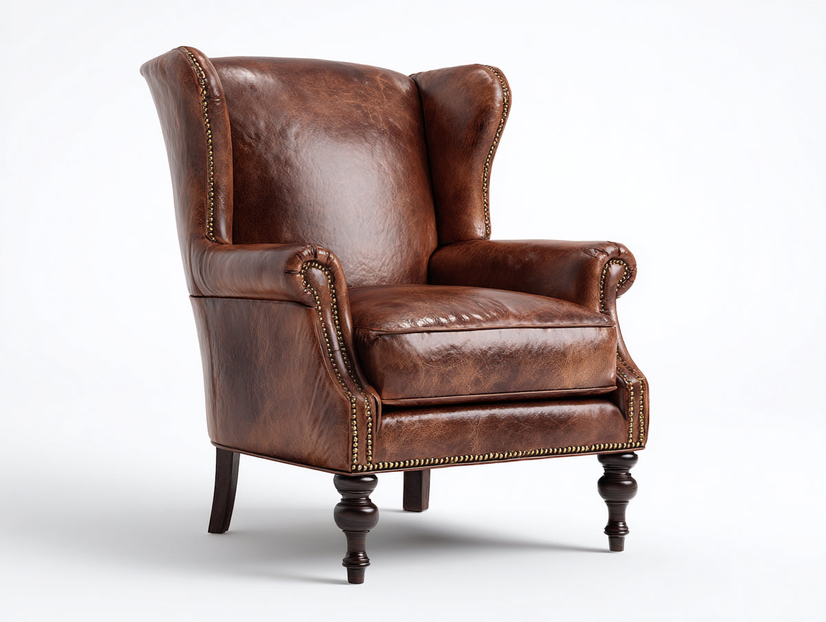Sillón orejero de cuero 88x92x112 cm - marrón coñac - respaldo alto y brazos enrollados estilo clásico