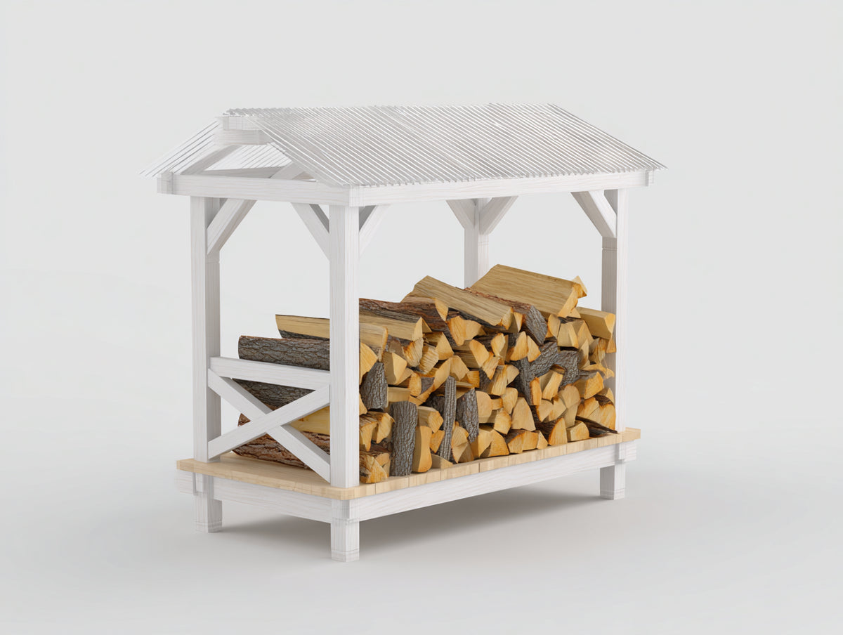 Leñero de jardín de madera 150x80x180 cm - blanco-madera natural - estructura abierta con tejado a dos aguas