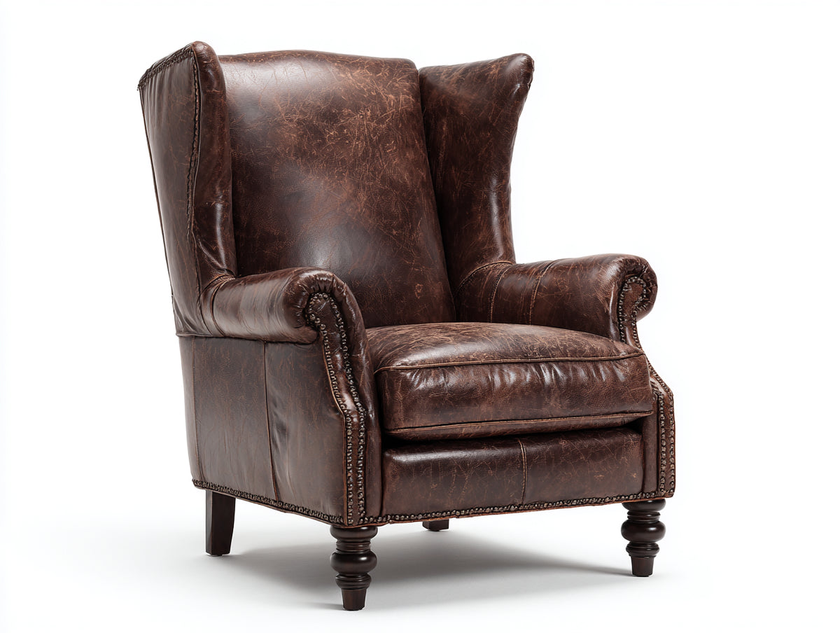 Sillón orejero de cuero 90x92x112 cm - Marrón oscuro - Respaldo alto y diseño clásico