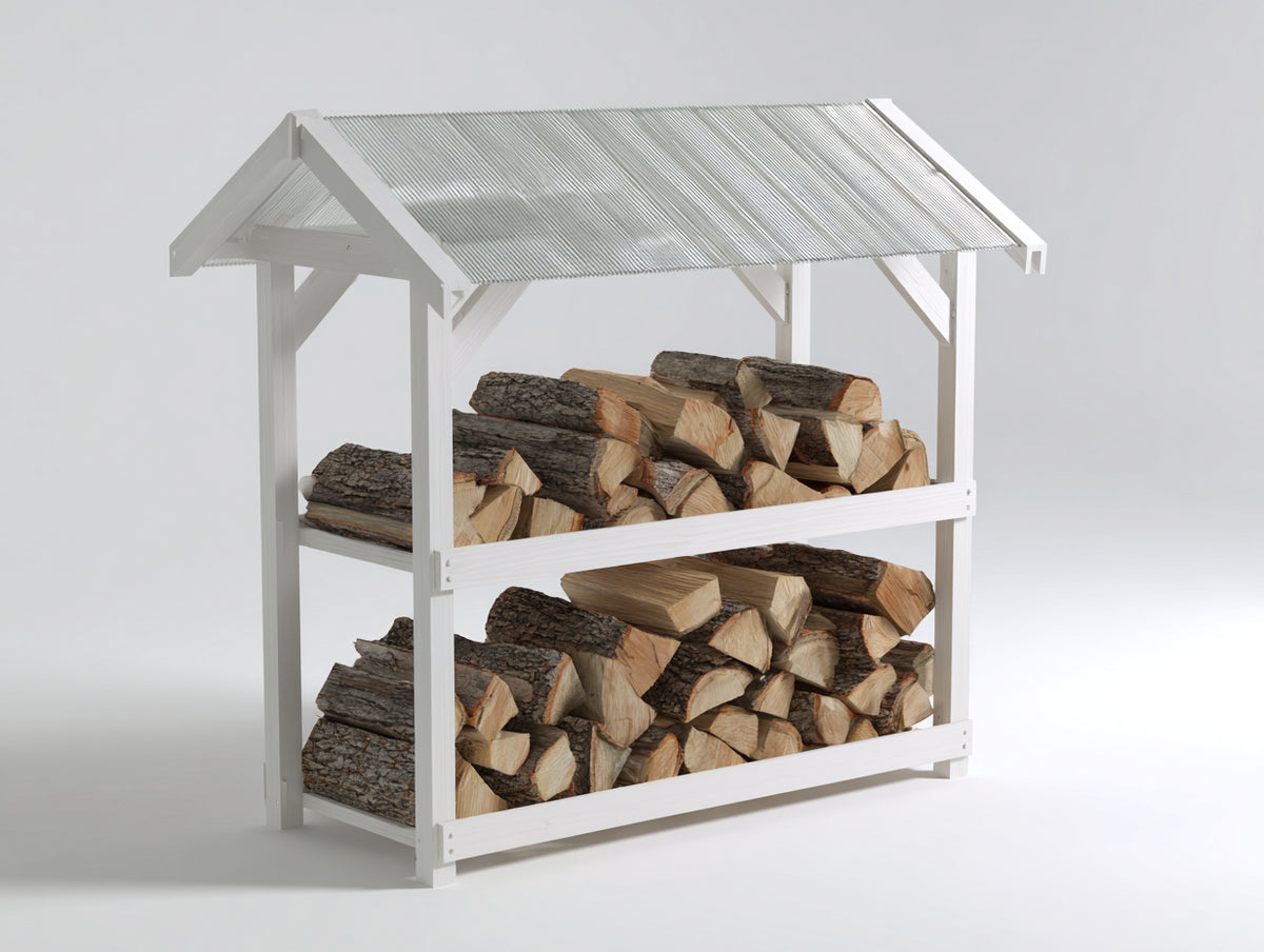 Leñero de jardín de madera 160x75x190 cm - blanco y gris claro - diseño abierto con techo a dos aguas y 2 niveles