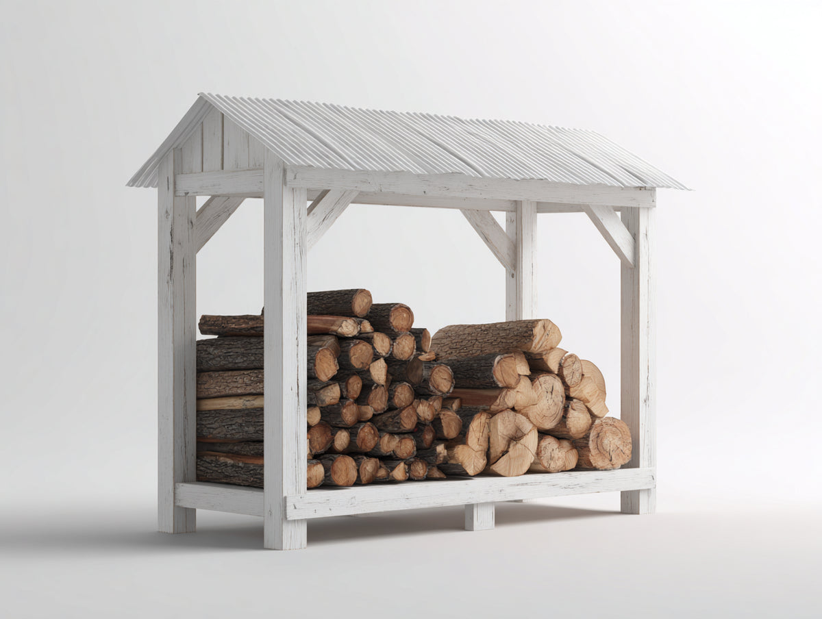 Leñero de jardín de madera 180x90x200 cm - blanco envejecido - estructura abierta con techo a dos aguas