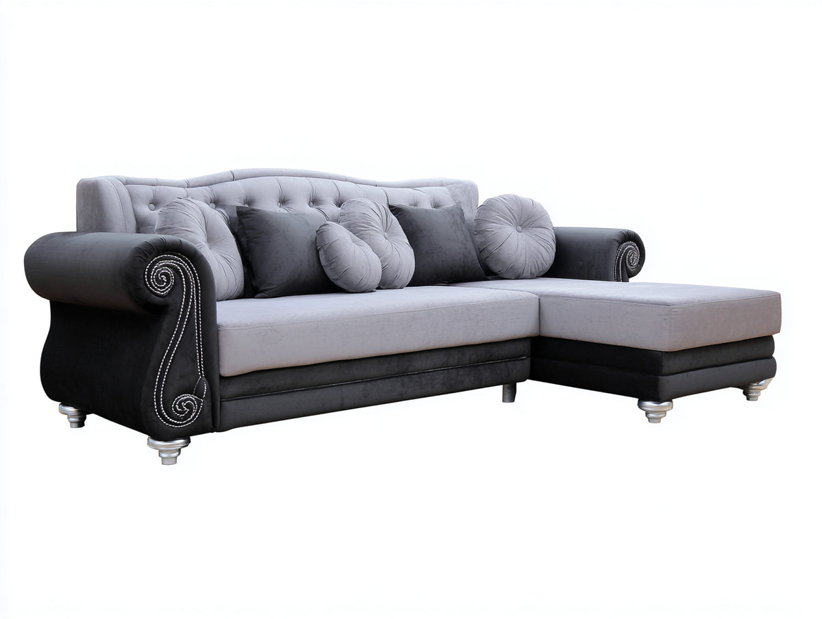 Sofás de esquina tapizado 275x195x90 cm - gris claro y negro - diseño clásico con chaise longue y brazos enrollados