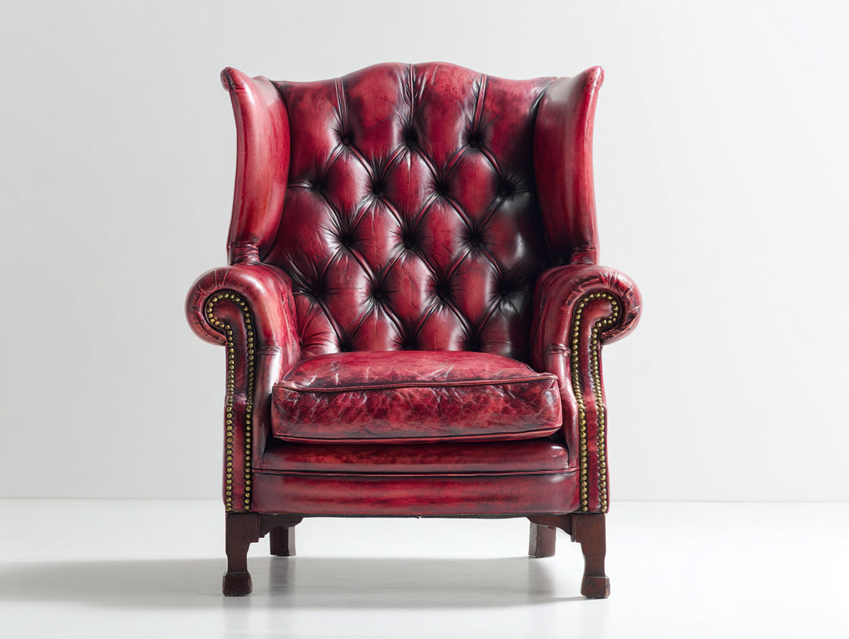 Sillón orejero de cuero 92x88x110 cm - rojo burdeos - capitoné profundo y brazos enrollados estilo clásico