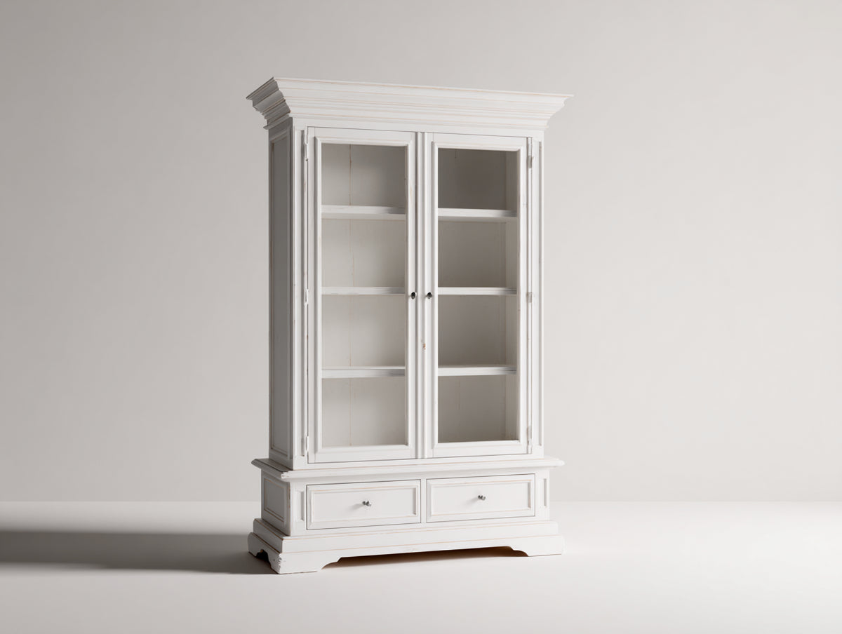 Vitrina de madera 110x45x190 cm - blanco - 2 puertas de cristal y 2 cajones de diseño clásico
