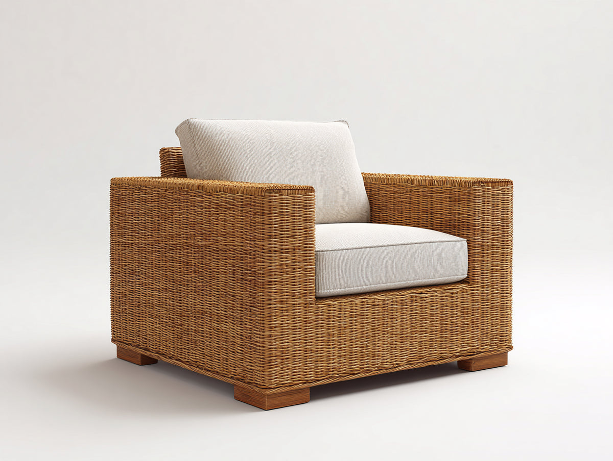 Sillones de ratán 96x90x84 cm - marrón miel-beige - brazos anchos y diseño envolvente contemporáneo
