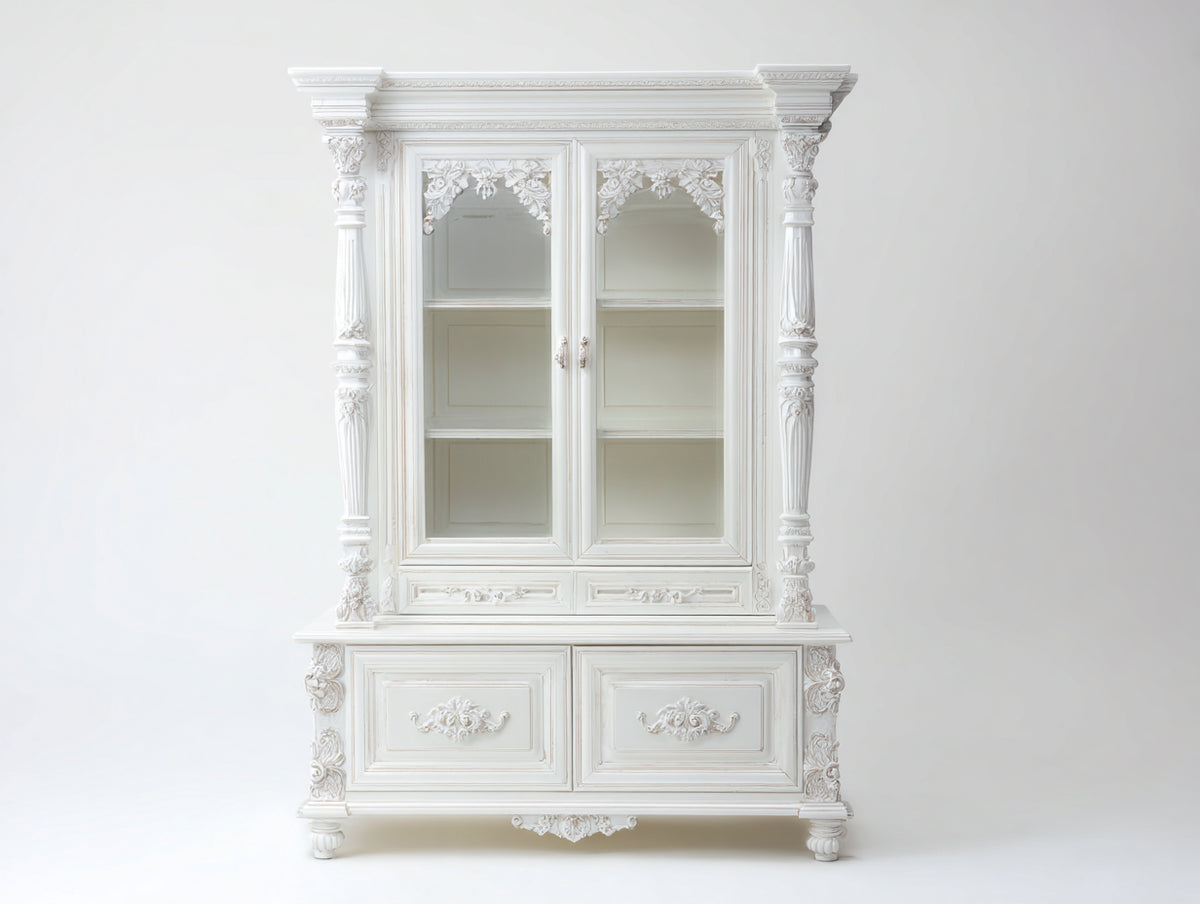 Vitrina de madera 120x45x210 cm - blanco - diseño clásico ornamentado con 2 puertas de cristal y 4 cajones